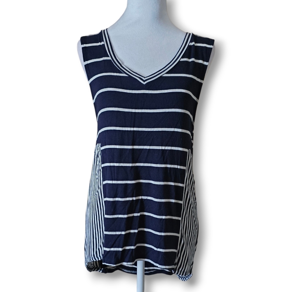 Alya Navy Blue and White Striped V-Neck Tank Top - Size Large